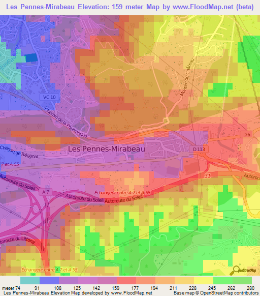 Les Pennes-Mirabeau,France Elevation Map