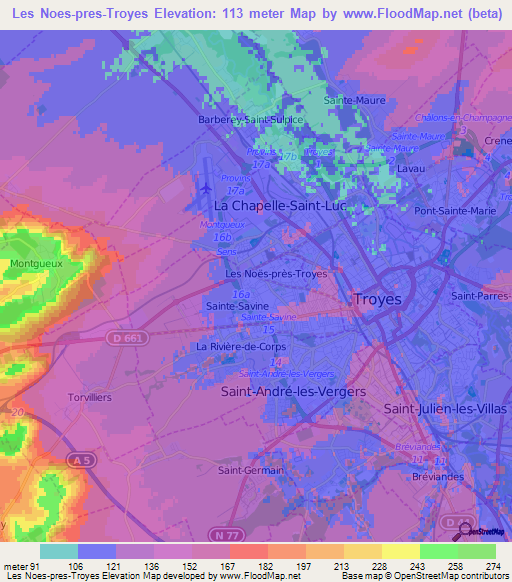Les Noes-pres-Troyes,France Elevation Map