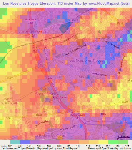 Les Noes-pres-Troyes,France Elevation Map