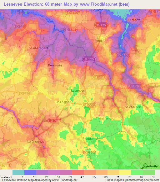 Lesneven,France Elevation Map