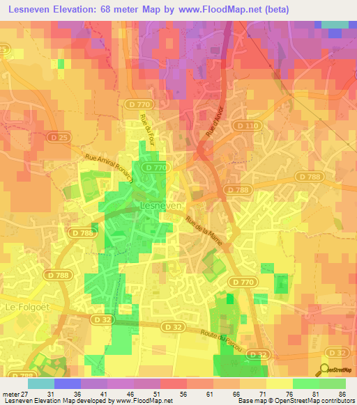 Lesneven,France Elevation Map