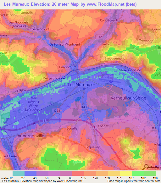 Les Mureaux,France Elevation Map