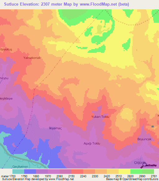 Sutluce,Turkey Elevation Map