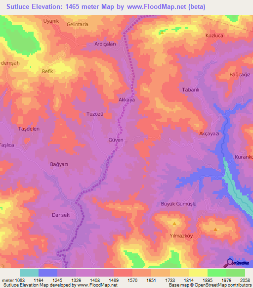 Sutluce,Turkey Elevation Map