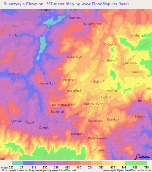 Susuzyayla,Turkey Elevation Map