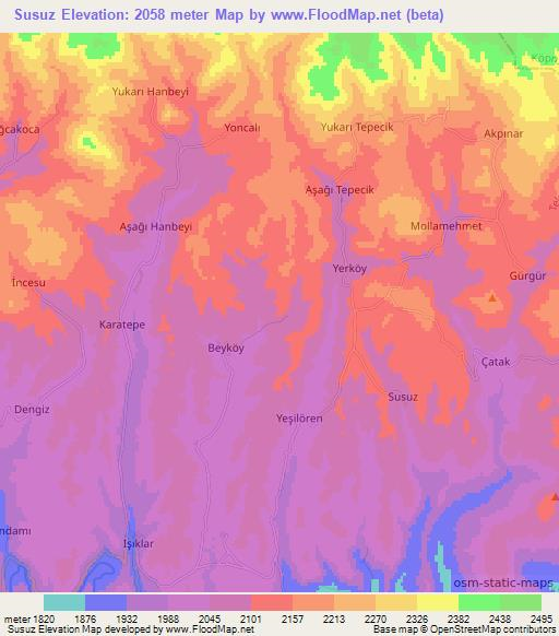 Susuz,Turkey Elevation Map