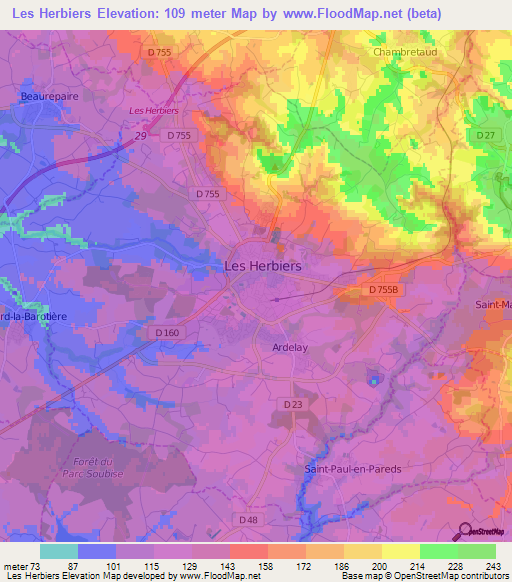 Les Herbiers,France Elevation Map