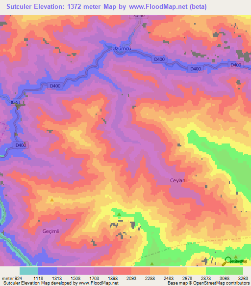 Sutculer,Turkey Elevation Map