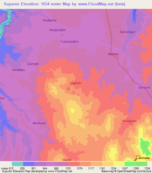 Supuren,Turkey Elevation Map