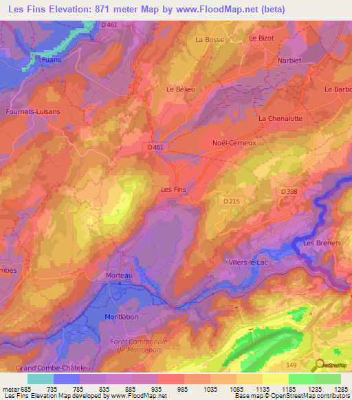 Les Fins,France Elevation Map