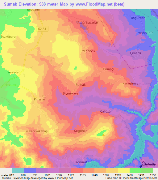 Sumak,Turkey Elevation Map