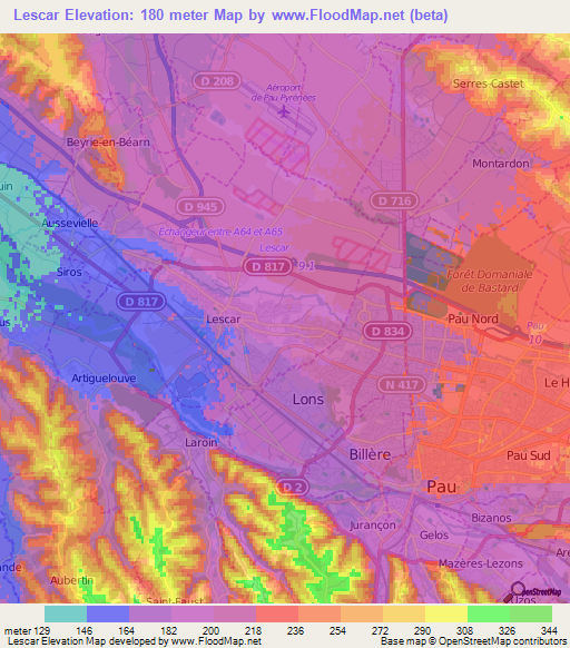 Lescar,France Elevation Map