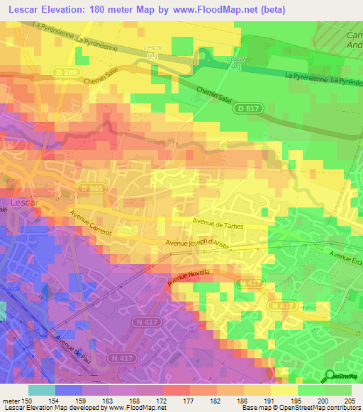 Lescar,France Elevation Map