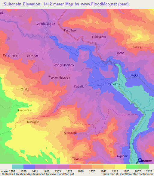 Sultansin,Turkey Elevation Map