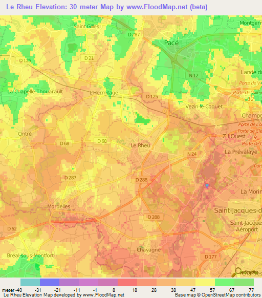 Le Rheu,France Elevation Map