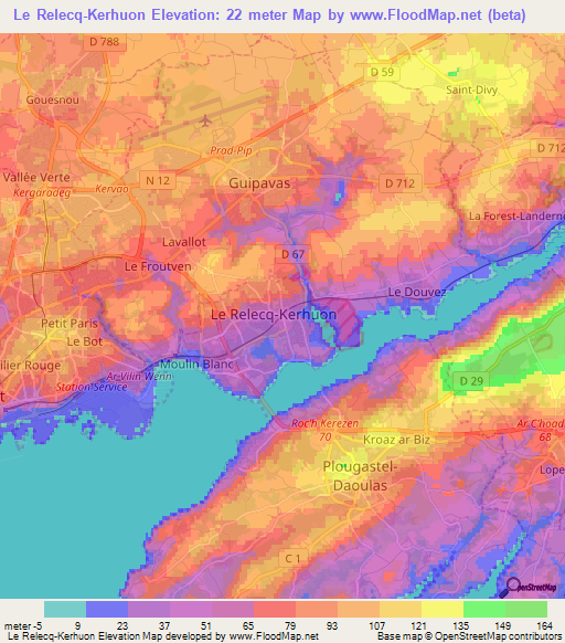 Le Relecq-Kerhuon,France Elevation Map