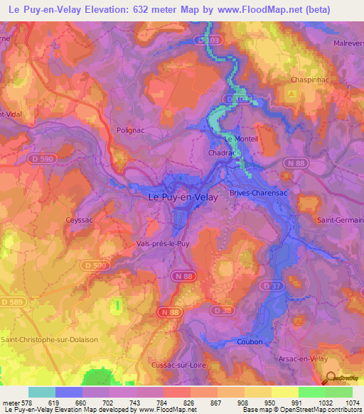 Le Puy-en-Velay,France Elevation Map