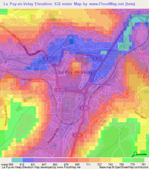 Le Puy-en-Velay,France Elevation Map