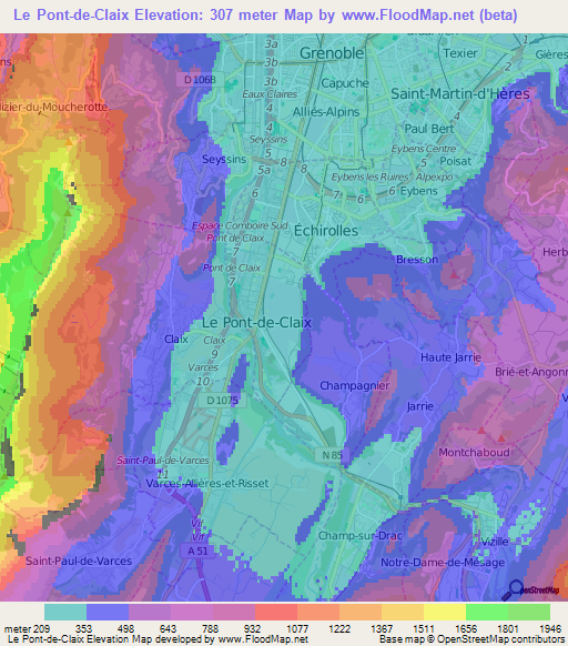 Le Pont-de-Claix,France Elevation Map