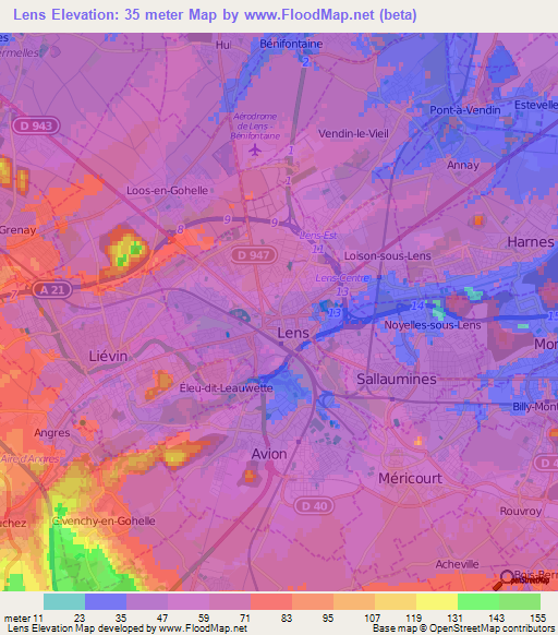 Lens,France Elevation Map