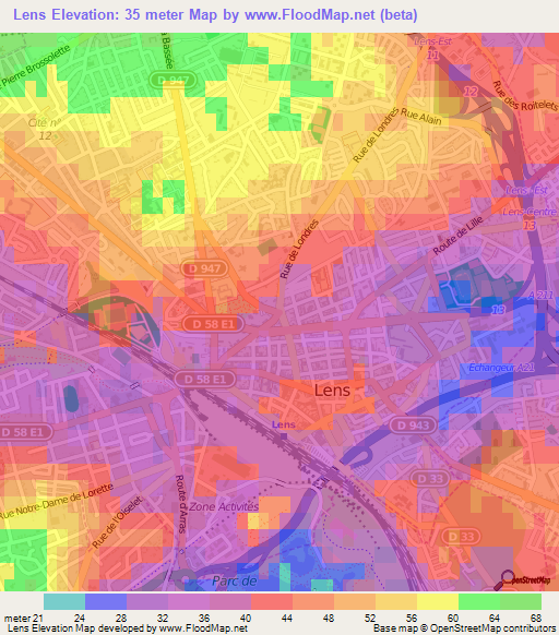 Lens,France Elevation Map