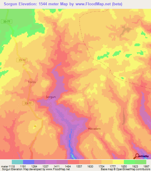 Sorgun,Turkey Elevation Map