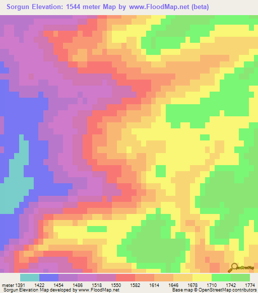 Sorgun,Turkey Elevation Map