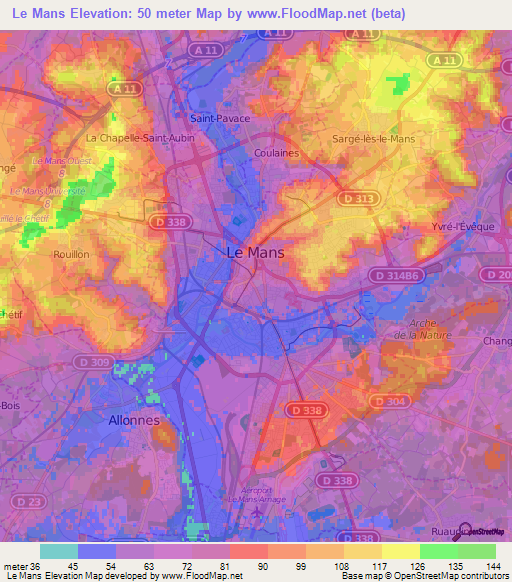 Le Mans,France Elevation Map