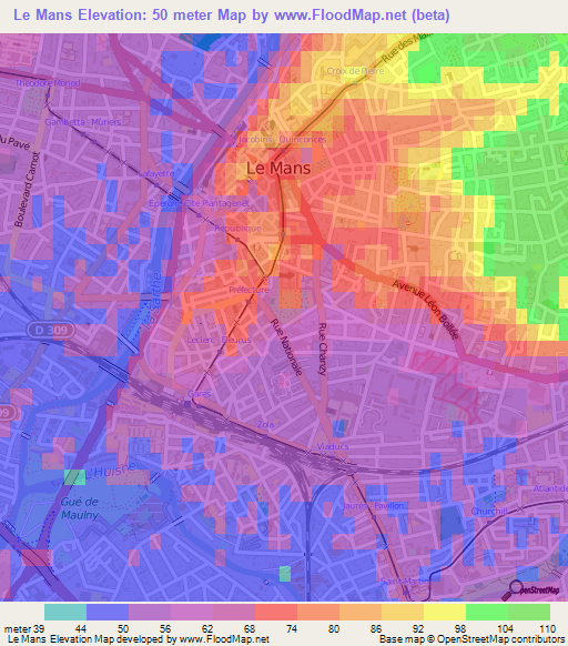 Le Mans,France Elevation Map