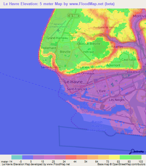 Le Havre,France Elevation Map