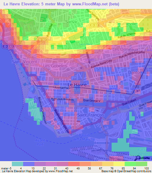 Le Havre,France Elevation Map