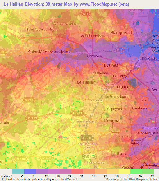 Le Haillan,France Elevation Map