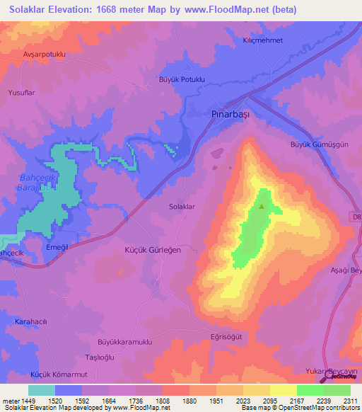 Solaklar,Turkey Elevation Map