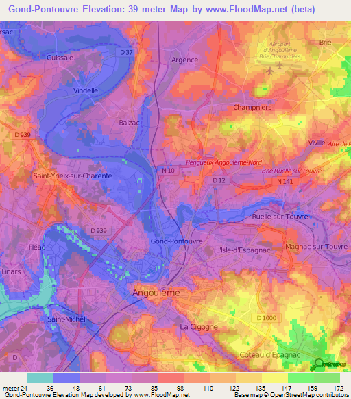 Gond-Pontouvre,France Elevation Map