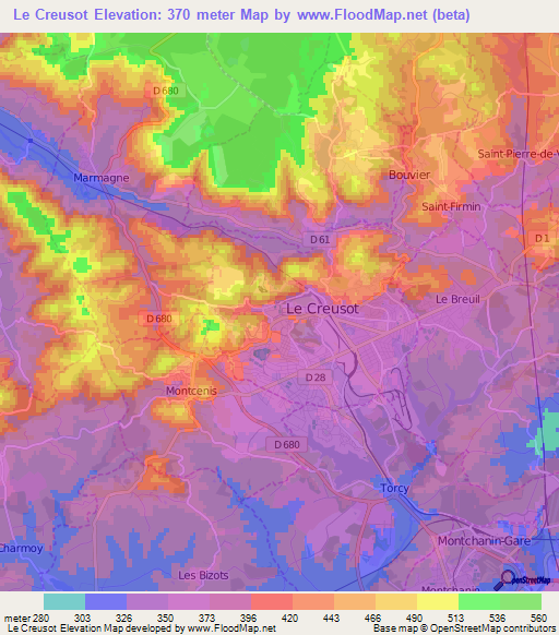 Le Creusot,France Elevation Map