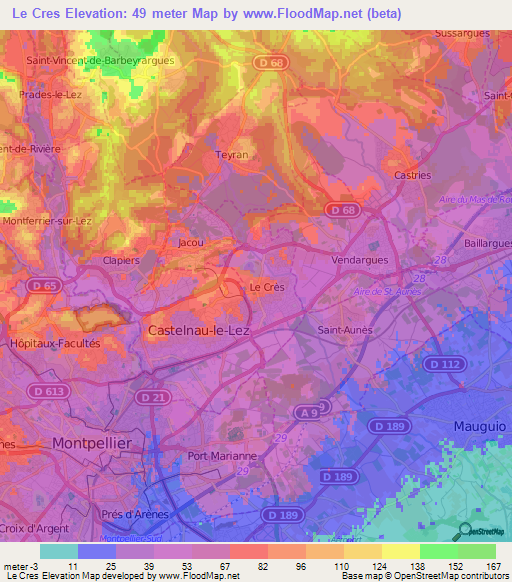 Le Cres,France Elevation Map