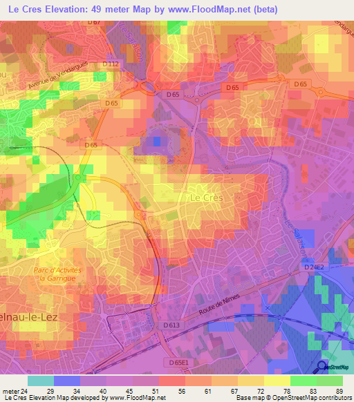 Le Cres,France Elevation Map