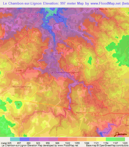 Le Chambon-sur-Lignon,France Elevation Map