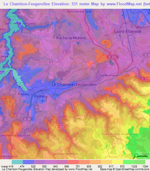 Le Chambon-Feugerolles,France Elevation Map