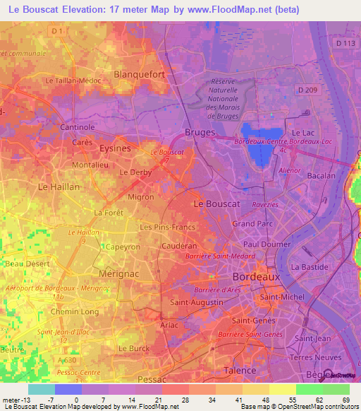 Le Bouscat,France Elevation Map