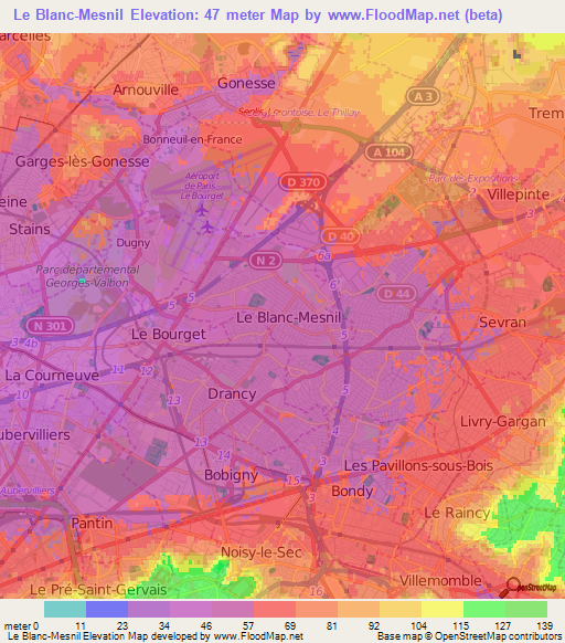 Le Blanc-Mesnil,France Elevation Map
