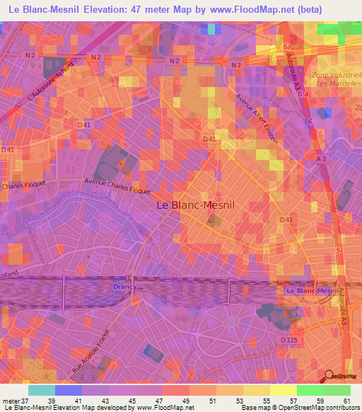 Le Blanc-Mesnil,France Elevation Map