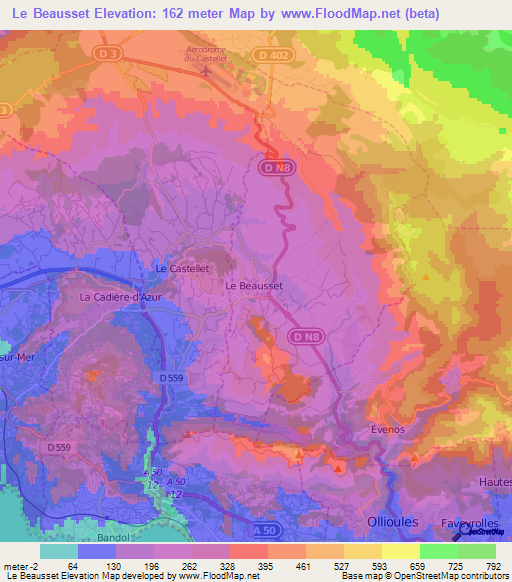 Le Beausset,France Elevation Map