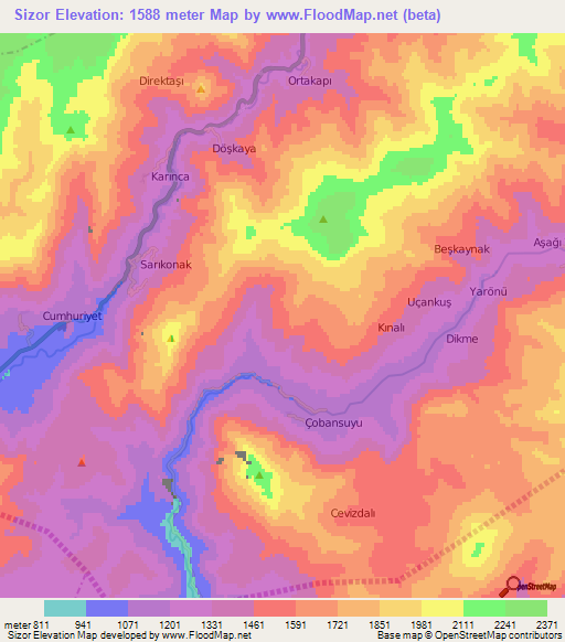 Sizor,Turkey Elevation Map