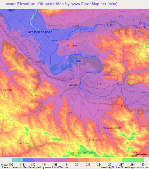 Lavaur,France Elevation Map