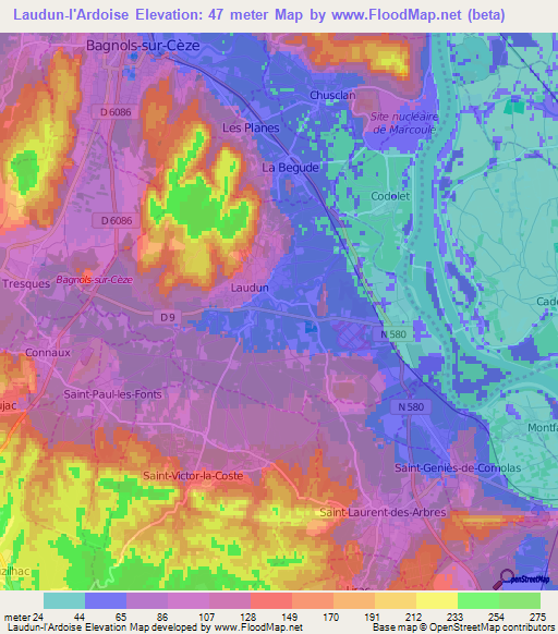 Laudun-l'Ardoise,France Elevation Map