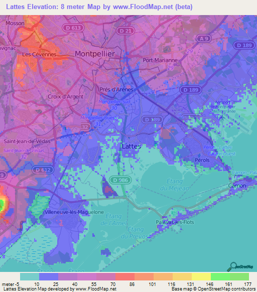 Lattes,France Elevation Map