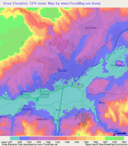 Sivas,Turkey Elevation Map