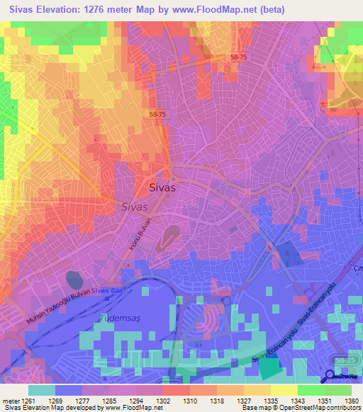 Sivas,Turkey Elevation Map