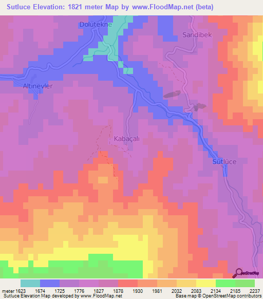 Sutluce,Turkey Elevation Map